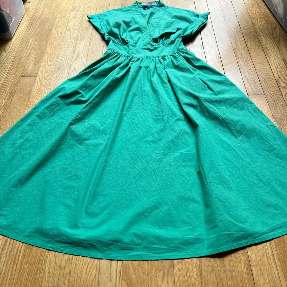 Marella Size 2 Emerald Green Bobbio Cotton Ruched Cap Sleeve A-Line Midi Dress - Picture 5 of 16